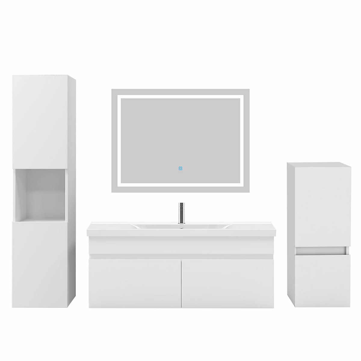 Ensemble meuble de salle de bain 100cm – vasque céramique + colonne x2 + LED miroir, blanc