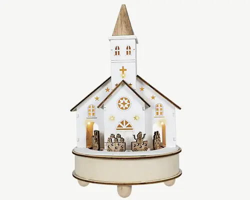 Scénette musicale ronde en bois blanc avec église à 5 LED blanc chaud sur piles - 15 x 15 x 25 cm