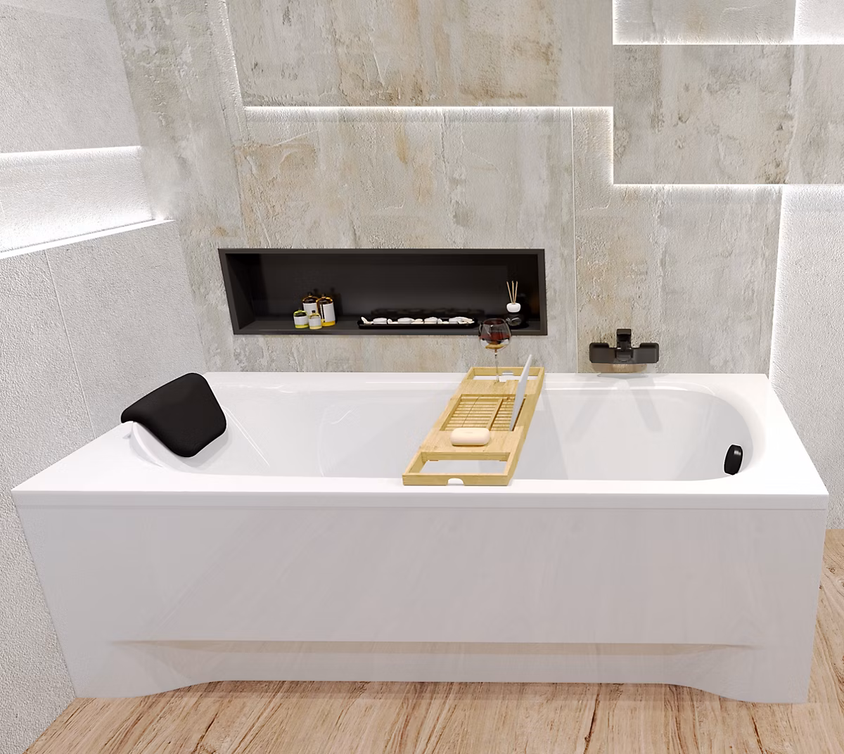 Baignoire rectangulaire 140 x 70 BONA acrylique blanc – sans Habillage + Repose Tête + Étagère bambou + Pieds + Vidage à chromé