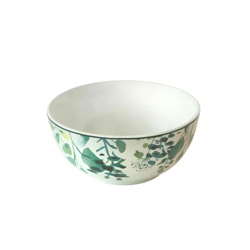 Bol en grès Oxalis coloris blanc motif floral vert - Ø 15 cm