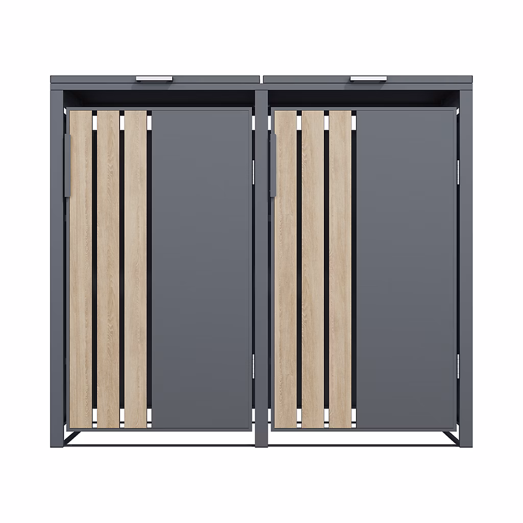 Abri de jardin, garage, carport et rangement extérieur – Abri poubelle cache poubelle 2 bacs 240L gris effet bois en acier galvanisé toit plat avec vérins à gaz
