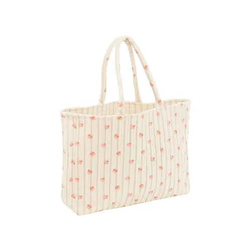 Sac cabas matelassé en coton écru à motifs floraux - 45 x 35 x 12 cm