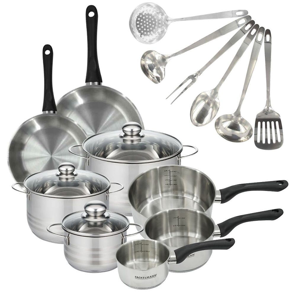 Batterie de 2 poêles 20/24 cm – 3 casseroles 12/16/20 cm, 3 faitouts 16/20/24 cm et 6 ustensiles Fackelmann Geneva